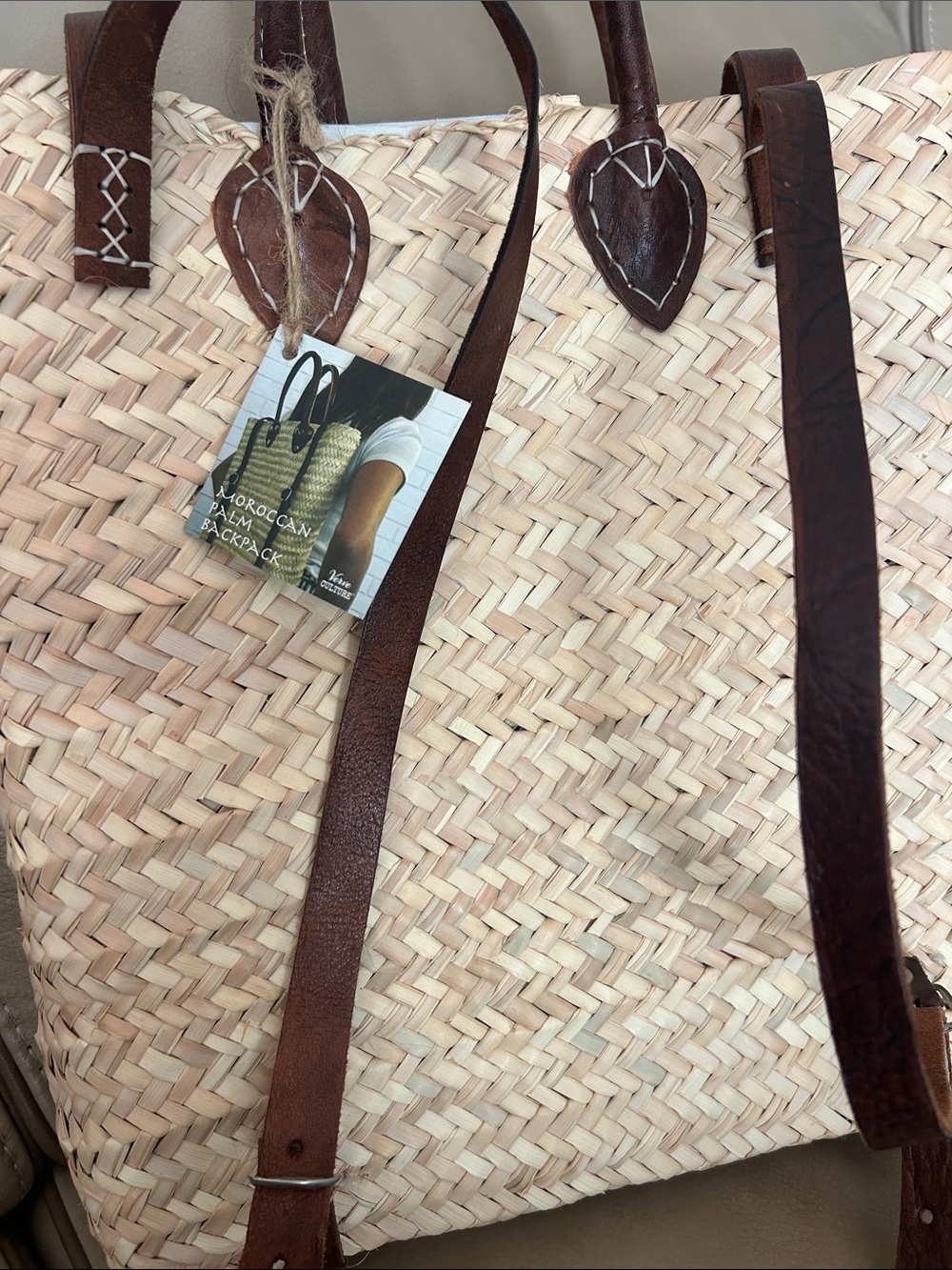 Moroccan Palm Backpack Bag with Brown Leather Trim